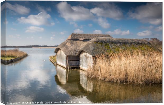 Thatched Boathouses at Hickling Broad Canvas Print by Stephen Mole