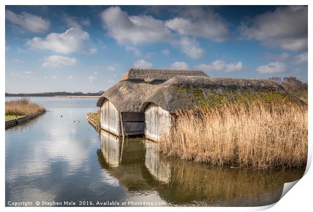 Thatched Boathouses at Hickling Broad Print by Stephen Mole
