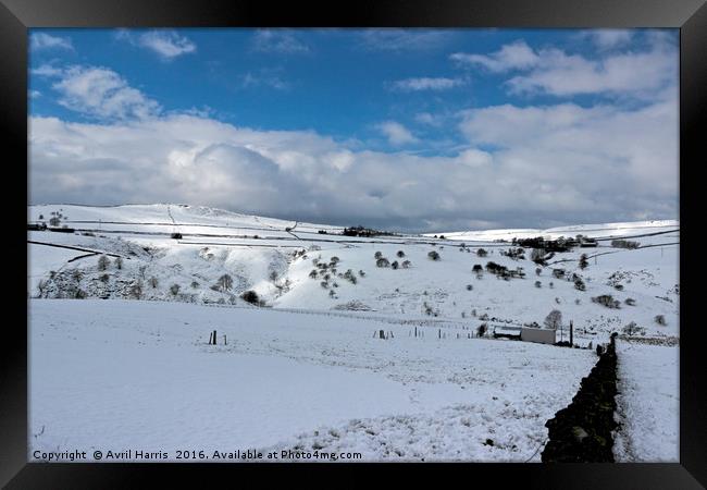 Snow in the peak district Framed Print by Avril Harris