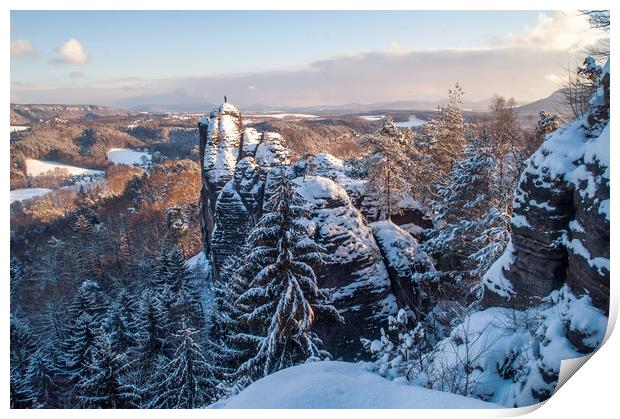 Snowy Rocks Of Saxon Switzerland  Print by Jenny Rainbow