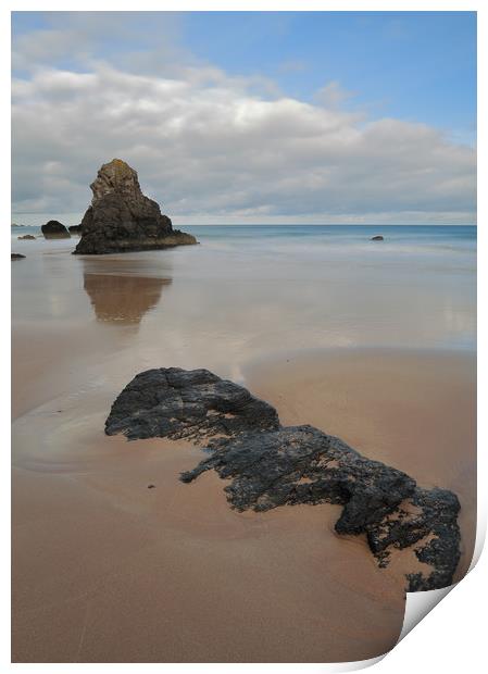 Sea Stack and Jurassic looking Rock on Sango Bay Print by Maria Gaellman