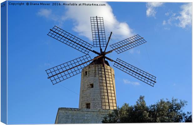Xarolla Windmill, Malta. Canvas Print by Diana Mower