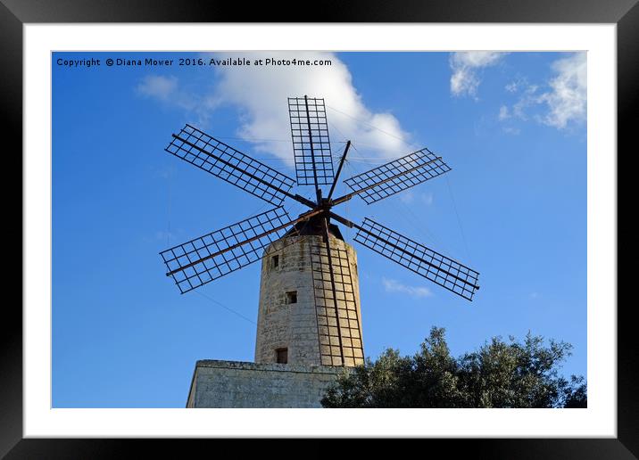 Xarolla Windmill, Malta. Framed Mounted Print by Diana Mower