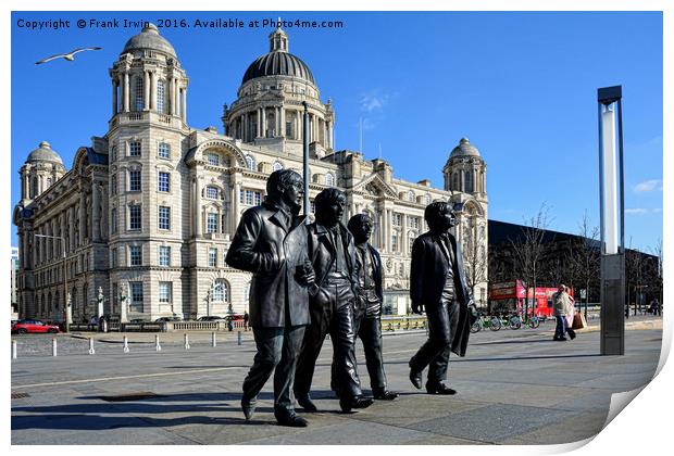 Statue of the Beatles at Liverpool's Pier Head. Print by Frank Irwin