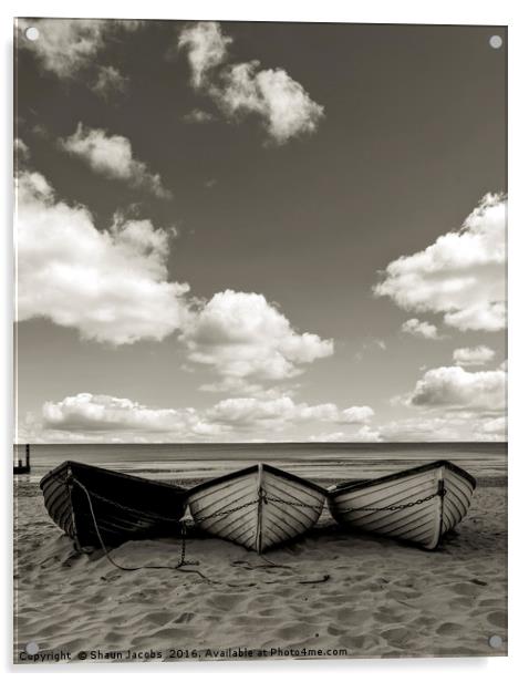 Fishing boats on a beach Acrylic by Shaun Jacobs