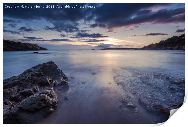 Sunset at rocky beach with slow motion blur water Print by marcin jucha