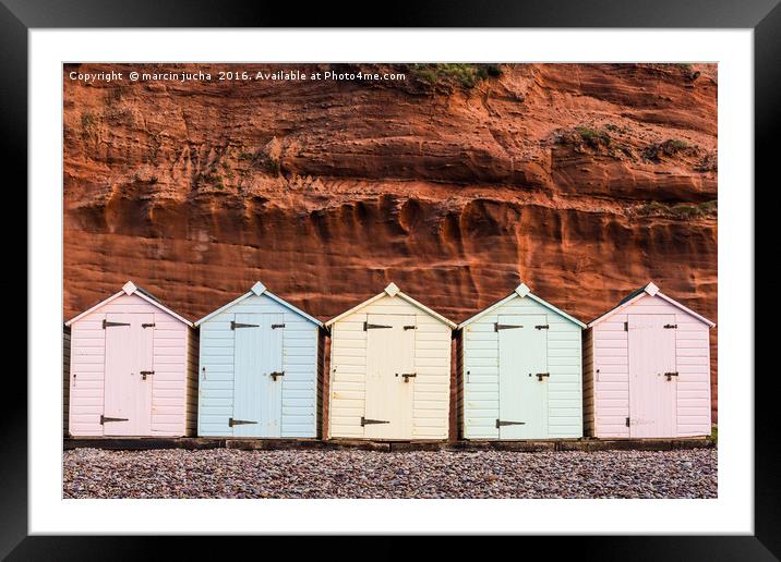 Beach hut row in pastel colors, red rock backgroun Framed Mounted Print by marcin jucha