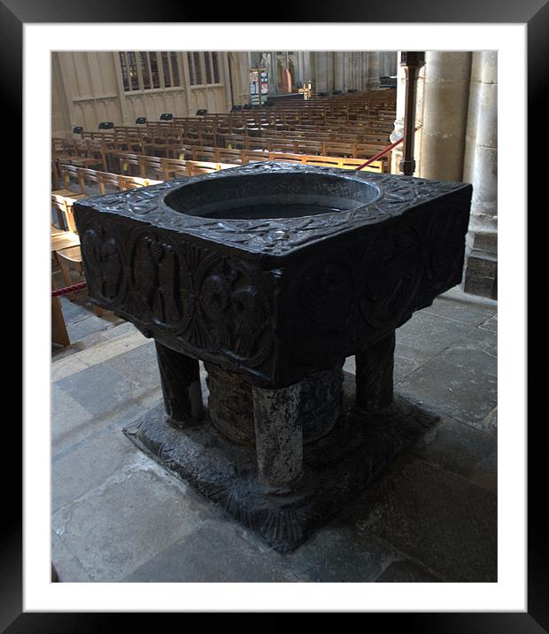 Winchester Cathedral Tournai marble font Framed Mounted Print by Chris Day