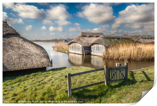 Boathouses at Hickling Broad Print by Stephen Mole
