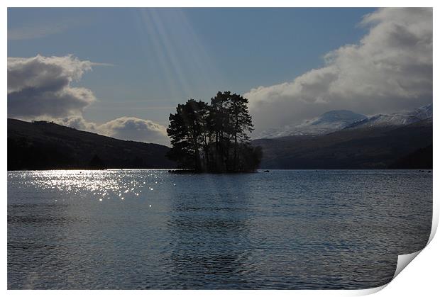 LOch Tay, with Crannog in back ground Print by Bryan Crookes