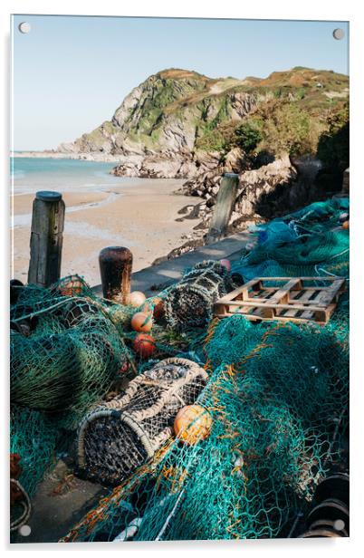 Fishing nets and lobster pots in the harbour at Il Acrylic by Liam Grant