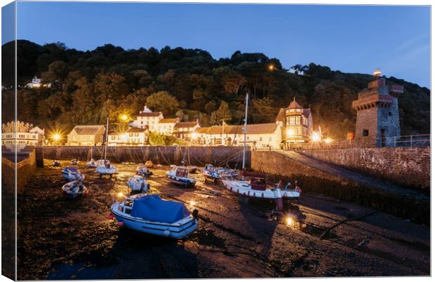 Boats in Lynmouth Harbour at dawn twilight. Devon, Canvas Print by Liam Grant