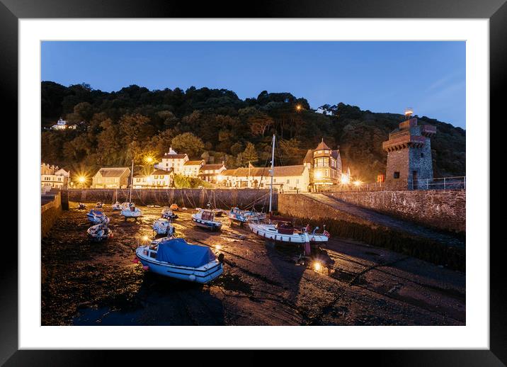 Boats in Lynmouth Harbour at dawn twilight. Devon, Framed Mounted Print by Liam Grant