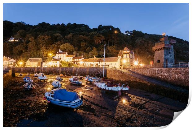 Boats in Lynmouth Harbour at dawn twilight. Devon, Print by Liam Grant