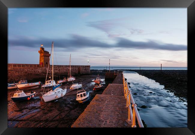 Boats in Lynmouth Harbour at dawn twilight. Devon, Framed Print by Liam Grant