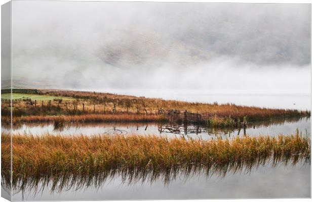 Reflections and fog at sunrise. Brothers Water, Cu Canvas Print by Liam Grant