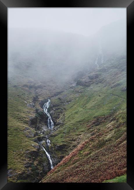 Moss Force waterfall in cloud. Newlands Hause, Cum Framed Print by Liam Grant