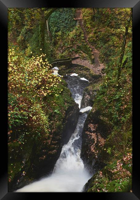 Above Aira Force waterfall with bridge and steps b Framed Print by Liam Grant