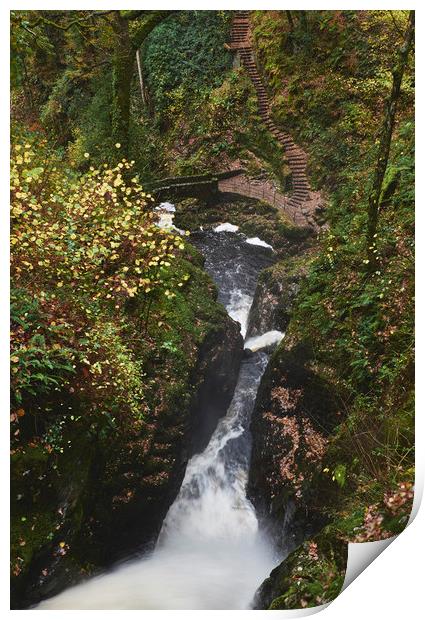 Above Aira Force waterfall with bridge and steps b Print by Liam Grant