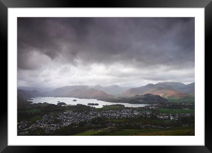 Rain clouds over Derwent Water and Keswick. Cumbri Framed Mounted Print by Liam Grant