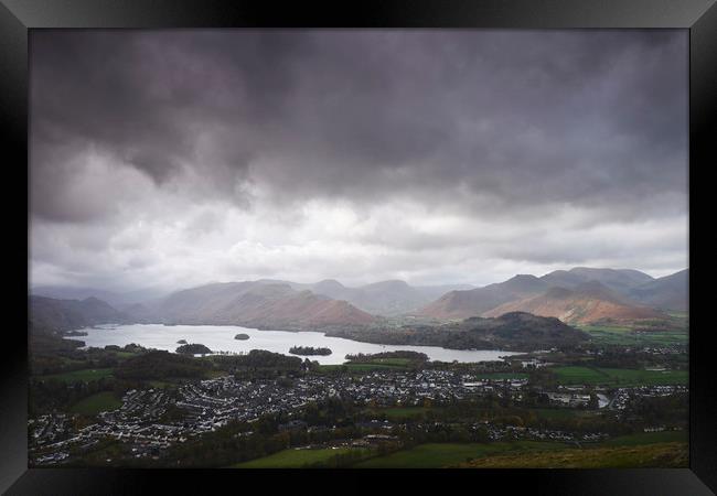 Rain clouds over Derwent Water and Keswick. Cumbri Framed Print by Liam Grant