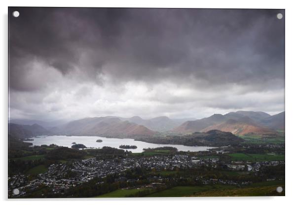 Rain clouds over Derwent Water and Keswick. Cumbri Acrylic by Liam Grant