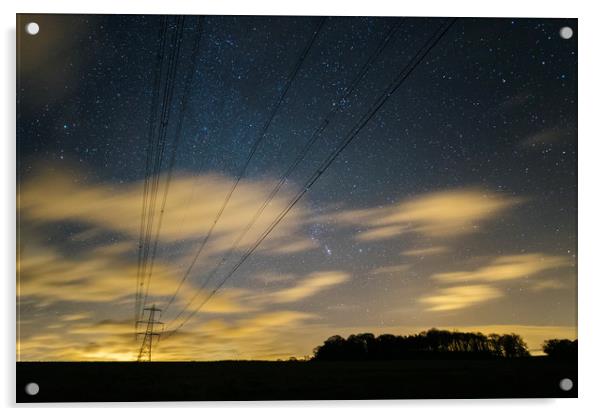 Electricity pylons, stars and clouds. West Acre, N Acrylic by Liam Grant
