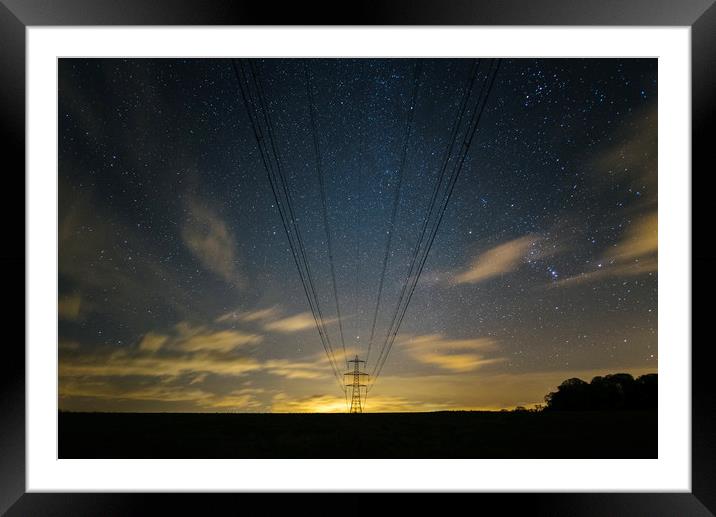 Electricity pylons, stars and clouds. West Acre, N Framed Mounted Print by Liam Grant