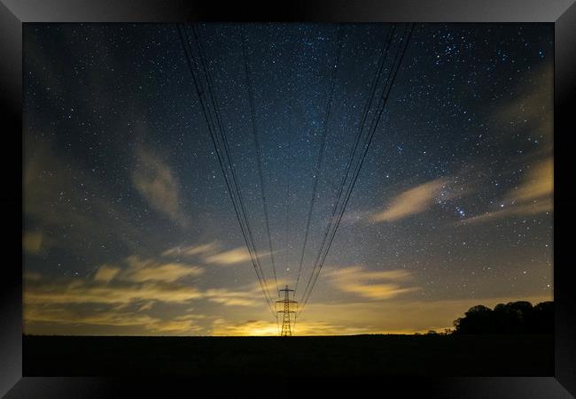 Electricity pylons, stars and clouds. West Acre, N Framed Print by Liam Grant