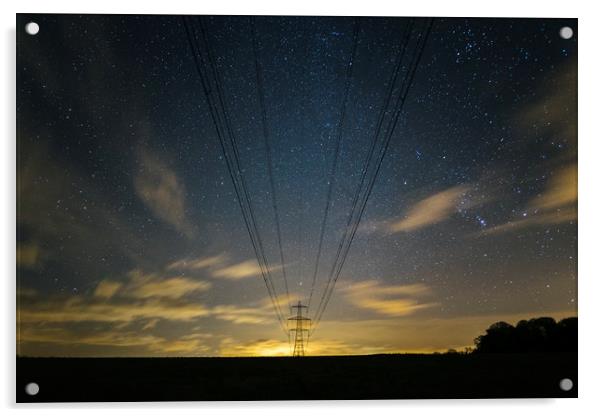 Electricity pylons, stars and clouds. West Acre, N Acrylic by Liam Grant