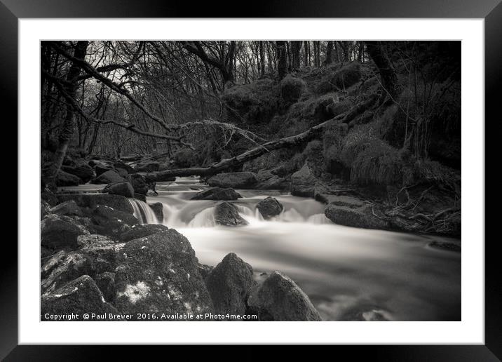 Golitha Falls in Black and White Framed Mounted Print by Paul Brewer