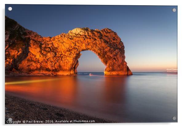 Durdle Door Dorset with an illuminated Canoeist   Acrylic by Paul Brewer