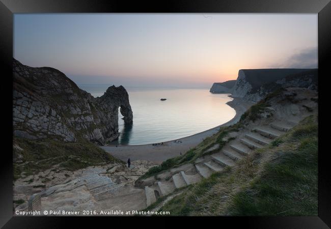 Durdle Door Dorset Sunset on a Spring evening  Framed Print by Paul Brewer
