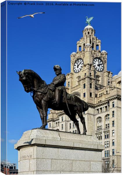 Statue, Edward VII set against the Liver Buildings Canvas Print by Frank Irwin
