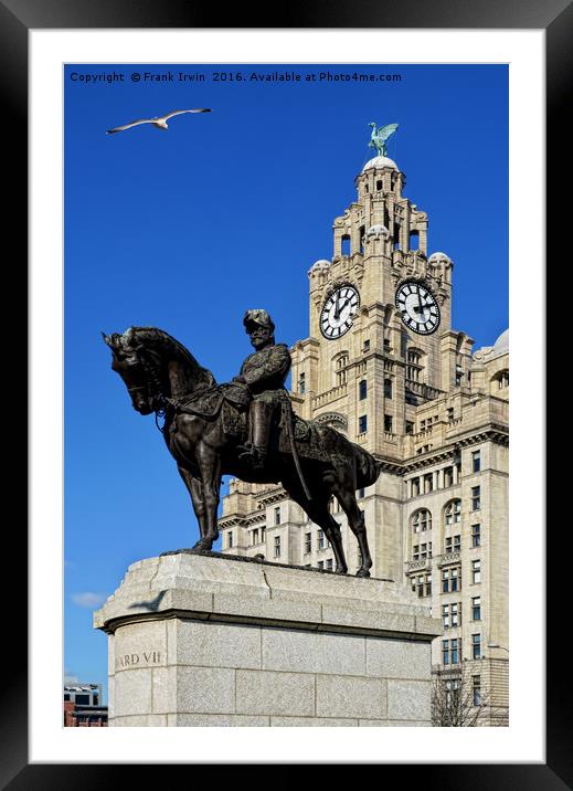 Statue, Edward VII set against the Liver Buildings Framed Mounted Print by Frank Irwin
