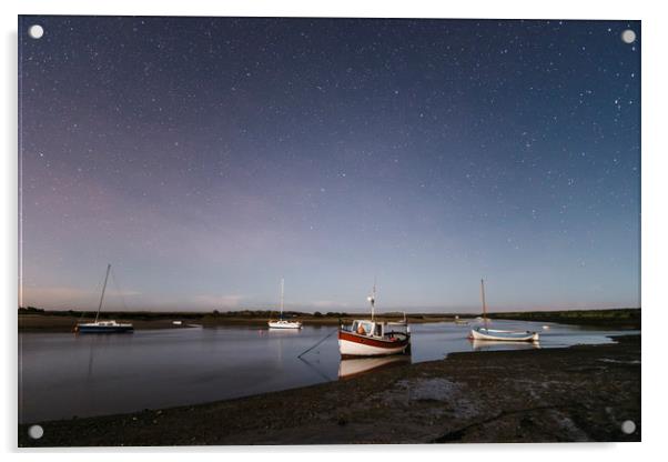 Boats under stars on a moonlit night. Burnham Over Acrylic by Liam Grant