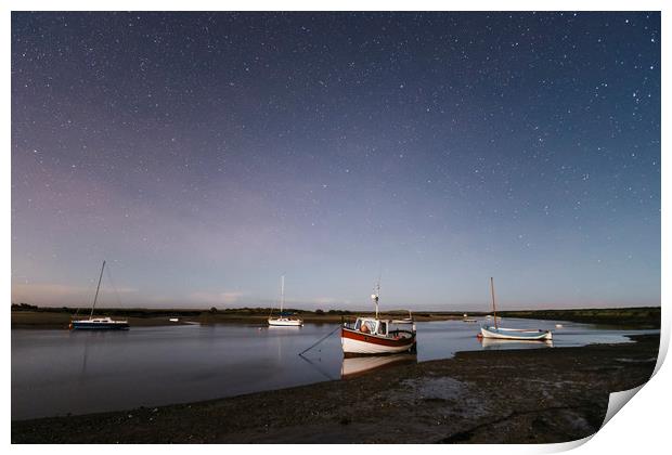 Boats under stars on a moonlit night. Burnham Over Print by Liam Grant