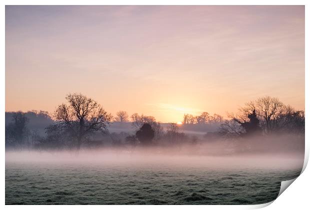 Sunrise and mist on a frosty morning. Norfolk, UK. Print by Liam Grant