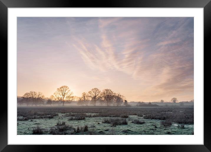 Sunrise and mist on a frosty morning. Norfolk, UK. Framed Mounted Print by Liam Grant