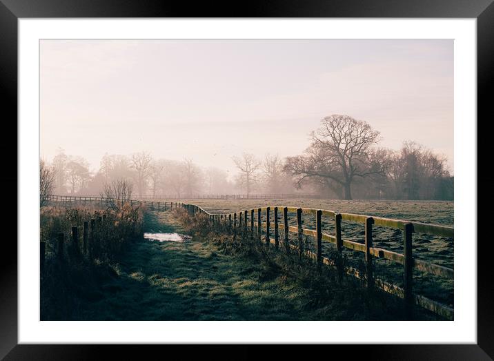 Track beside a fenced field on a frosty morning. H Framed Mounted Print by Liam Grant