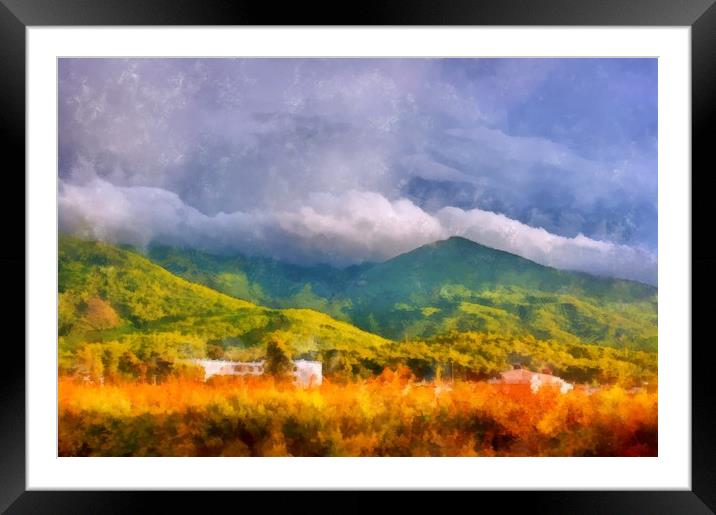 A digital painting of a View across fields to a cl Framed Mounted Print by ken biggs