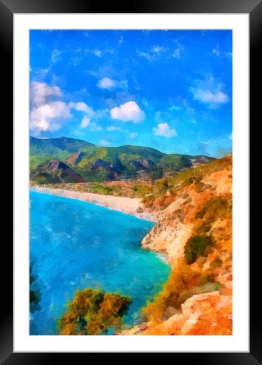 Image in painting style of Olu Deniz beach in Turk Framed Mounted Print by ken biggs