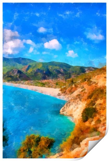 Image in painting style of Olu Deniz beach in Turk Print by ken biggs