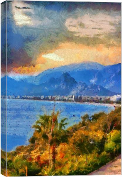 A digital painting of a View of Antalya Turkey Canvas Print by ken biggs