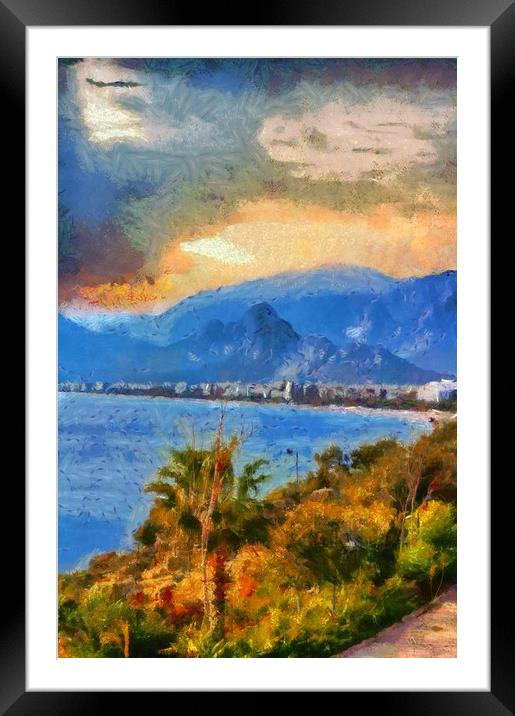 A digital painting of a View of Antalya Turkey Framed Mounted Print by ken biggs