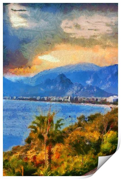 A digital painting of a View of Antalya Turkey Print by ken biggs