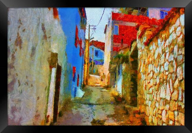A digital painting of a Rundown Turkish village st Framed Print by ken biggs