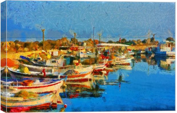 A digital painting of Small fishing boats in harbo Canvas Print by ken biggs