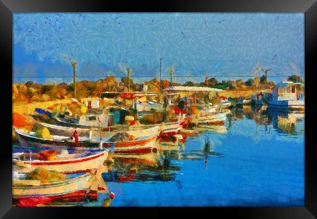 A digital painting of Small fishing boats in harbo Framed Print by ken biggs