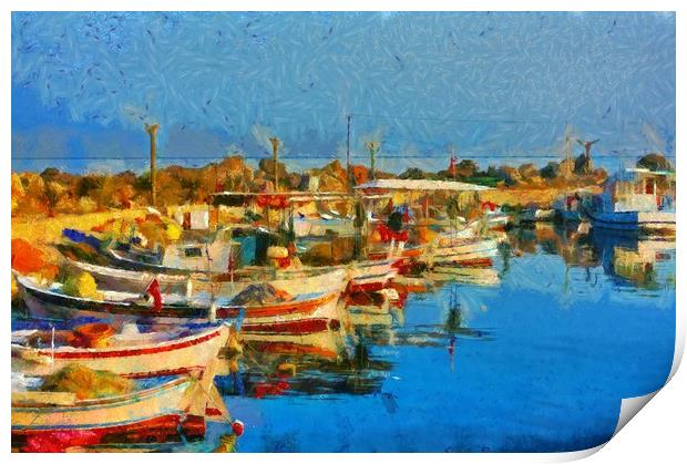 A digital painting of Small fishing boats in harbo Print by ken biggs